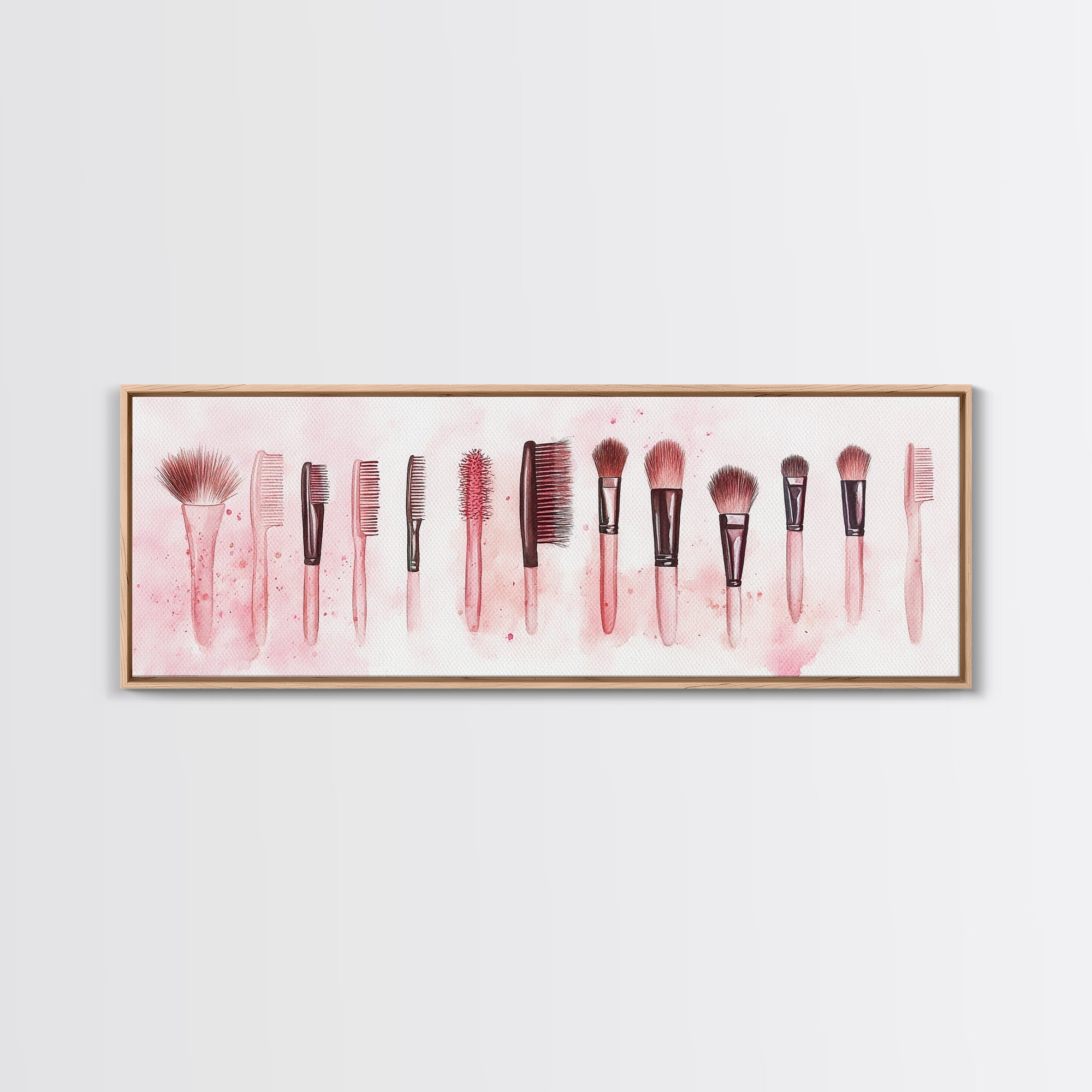 Framed Canvas Print of Makeup Brushes and Combs in Pink Ideal Gift Idea with Whimsical Art for Vanity or Beauty Room Wall Decor