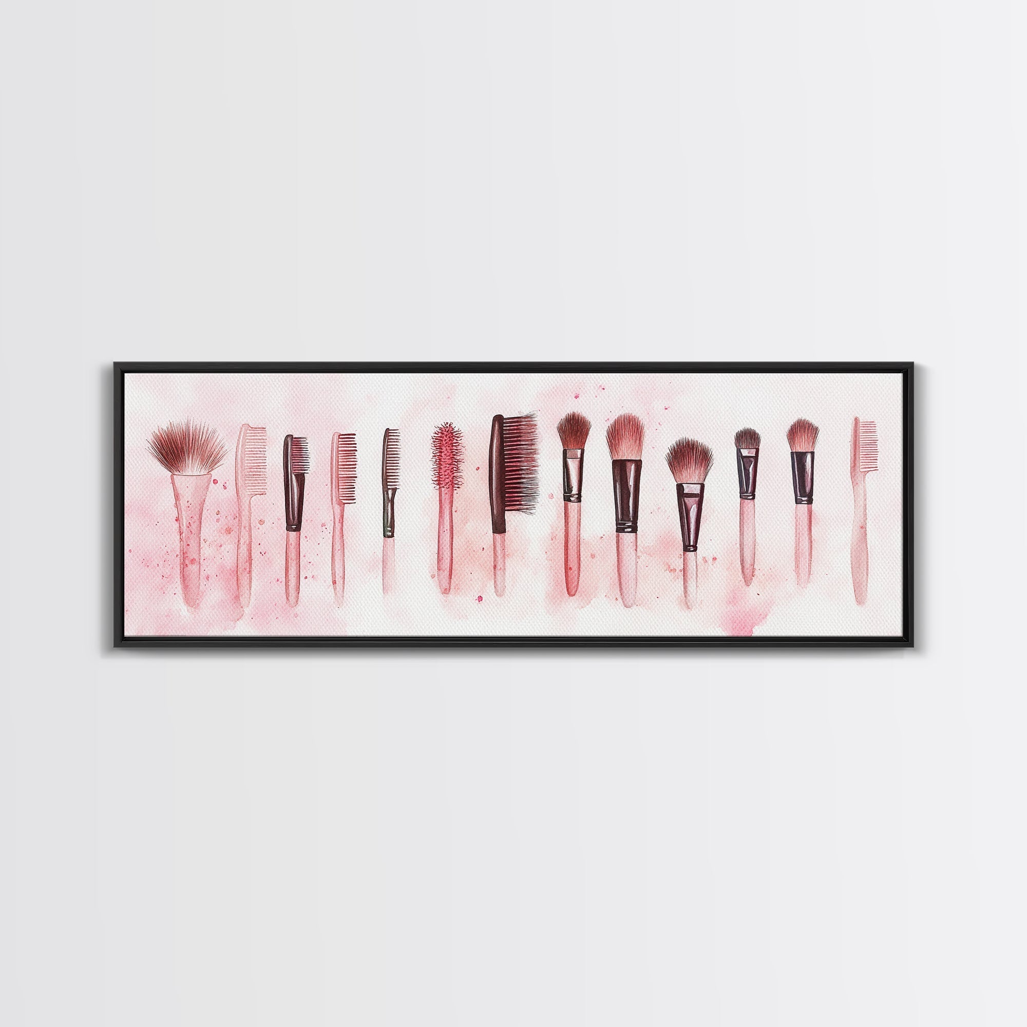 Framed Canvas Print of Makeup Brushes and Combs in Pink Ideal Gift Idea with Whimsical Art for Vanity or Beauty Room Wall Decor