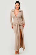 Knit Collar Tie Front Maxi Dress