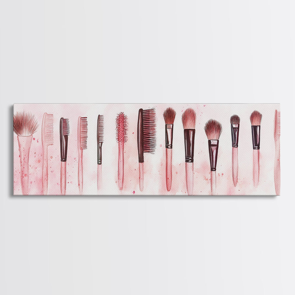 Framed Canvas Print of Makeup Brushes and Combs in Pink Ideal Gift Idea with Whimsical Art for Vanity or Beauty Room Wall Decor