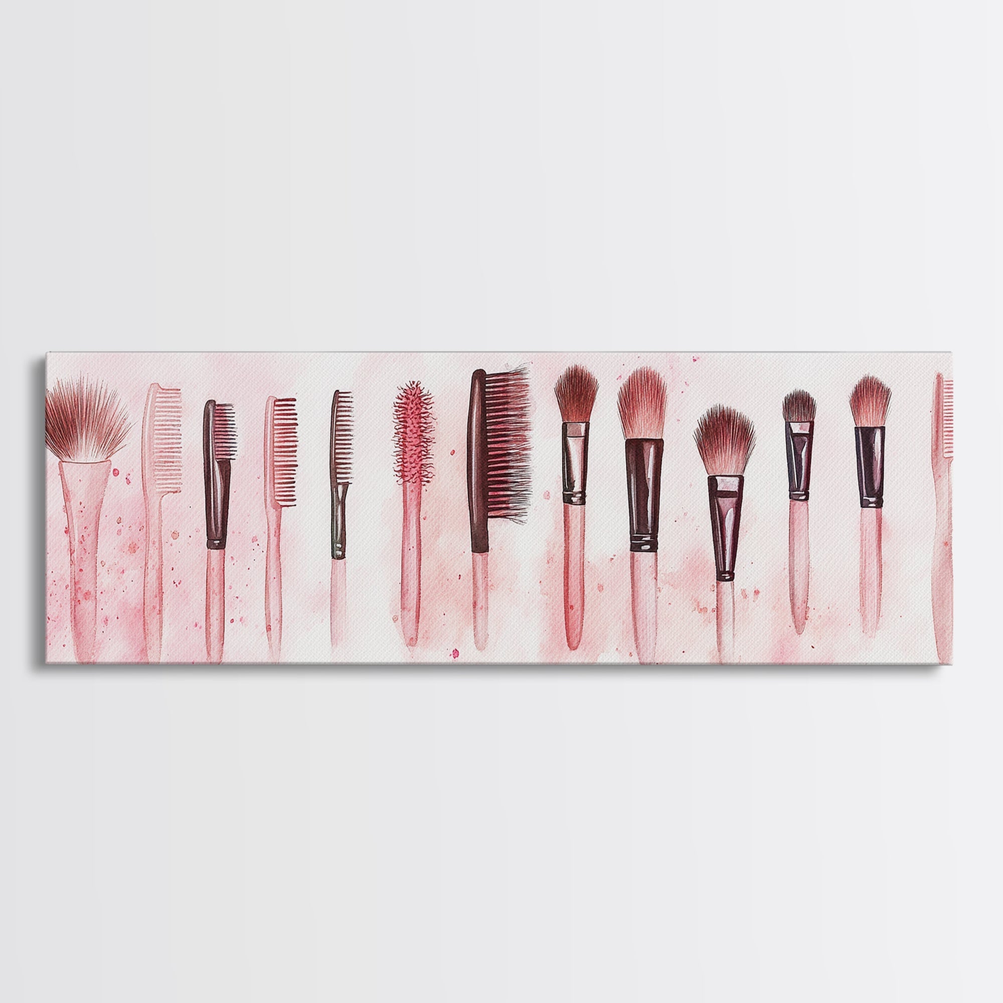 Framed Canvas Print of Makeup Brushes and Combs in Pink Ideal Gift Idea with Whimsical Art for Vanity or Beauty Room Wall Decor