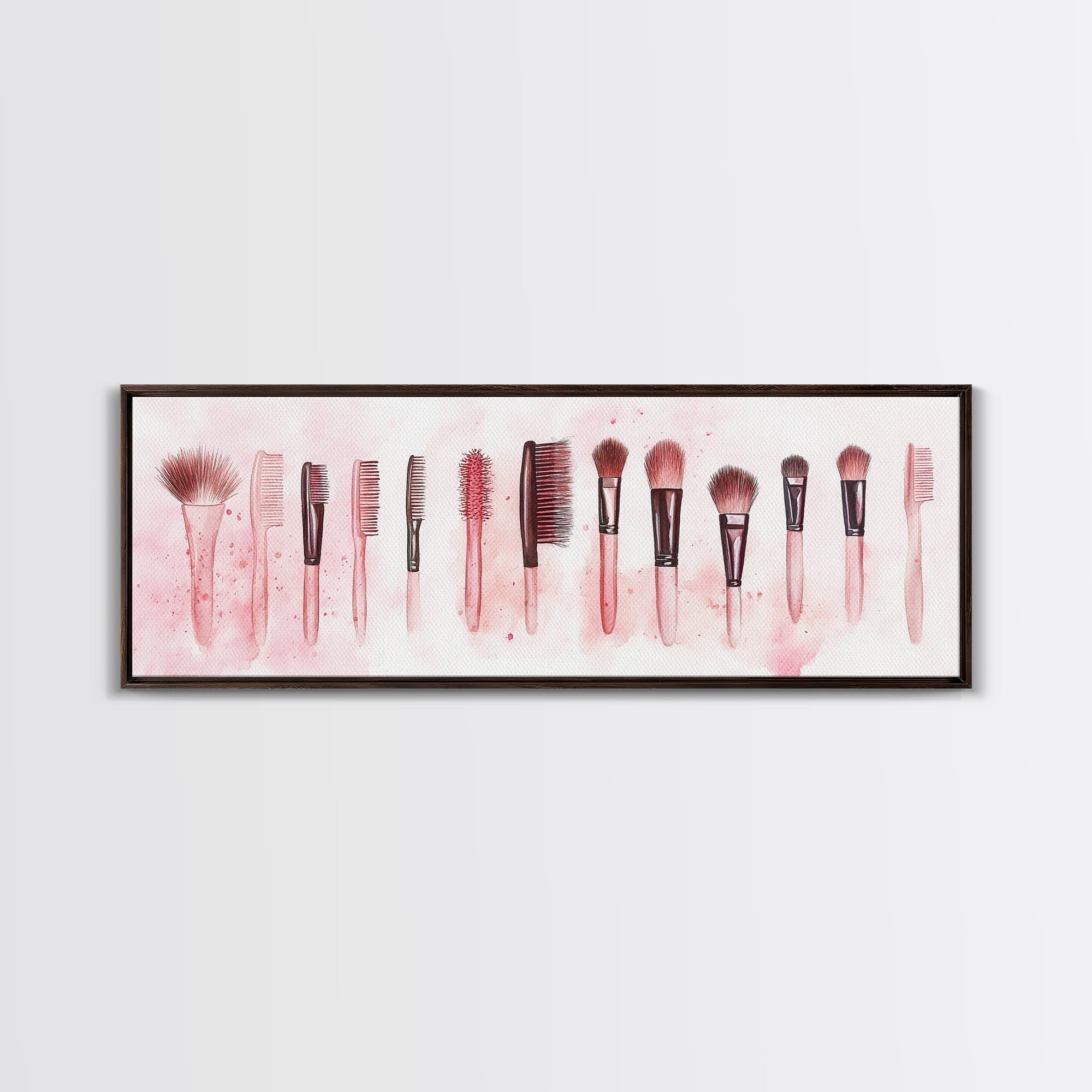 Framed Canvas Print of Makeup Brushes and Combs in Pink Ideal Gift Idea with Whimsical Art for Vanity or Beauty Room Wall Decor