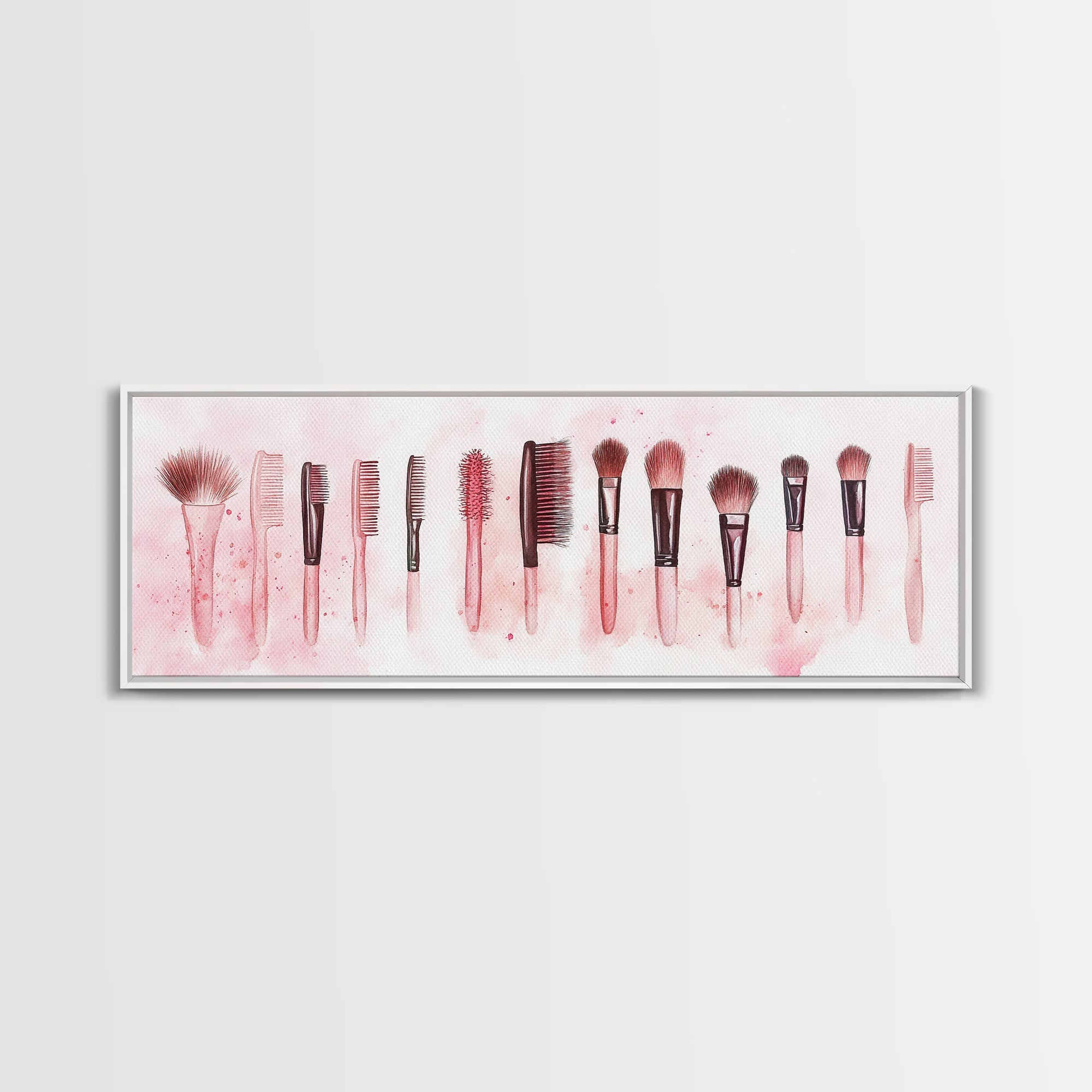 Framed Canvas Print of Makeup Brushes and Combs in Pink Ideal Gift Idea with Whimsical Art for Vanity or Beauty Room Wall Decor