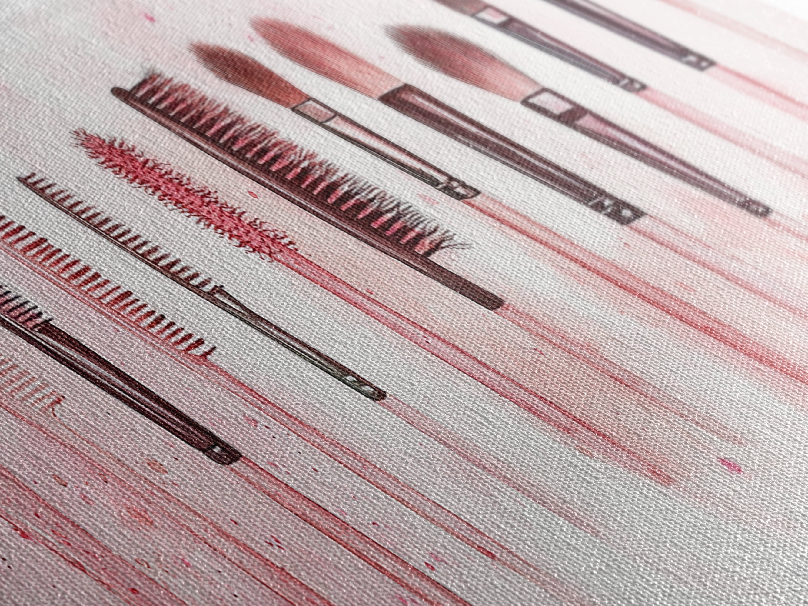 Framed Canvas Print of Makeup Brushes and Combs in Pink Ideal Gift Idea with Whimsical Art for Vanity or Beauty Room Wall Decor