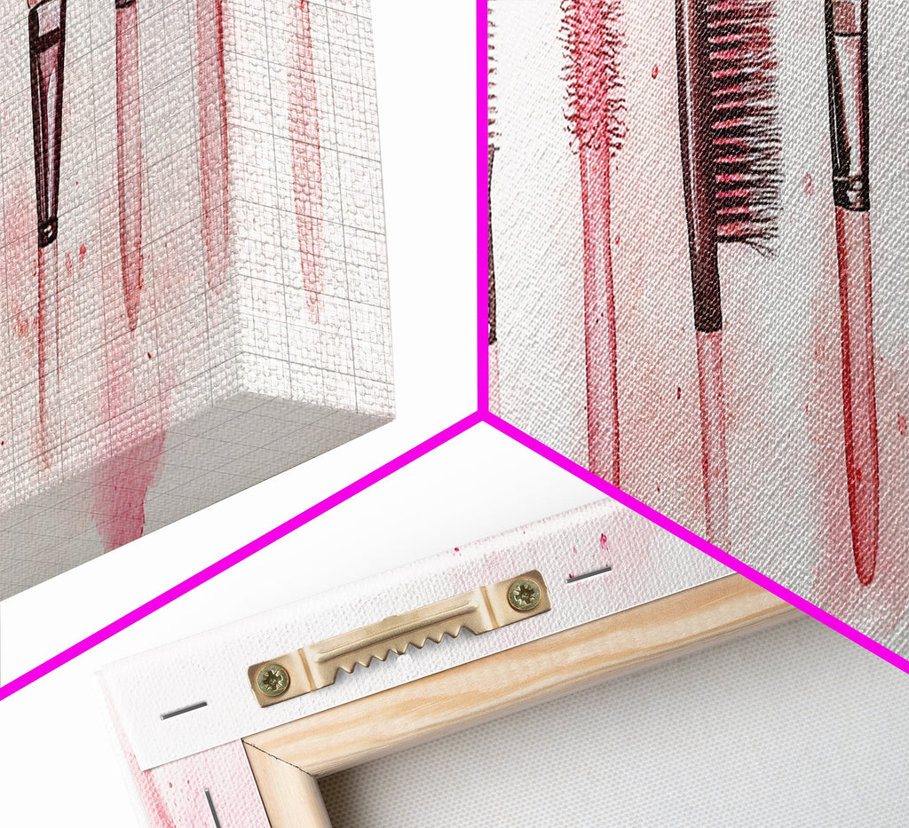 Framed Canvas Print of Makeup Brushes and Combs in Pink Ideal Gift Idea with Whimsical Art for Vanity or Beauty Room Wall Decor