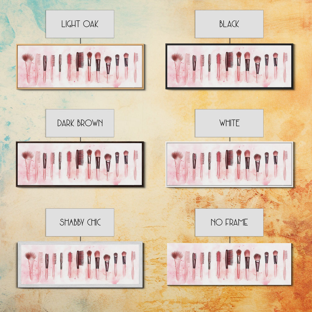Framed Canvas Print of Makeup Brushes and Combs in Pink Ideal Gift Idea with Whimsical Art for Vanity or Beauty Room Wall Decor