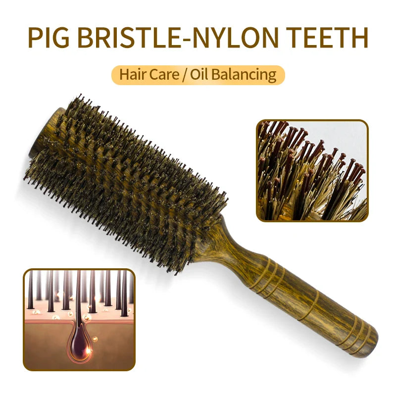 Professional Boar Bristle Round Hair Brush for Women and Men Hair Styling Comb Salon Hairdressing Hairdresser Wood Round Brush