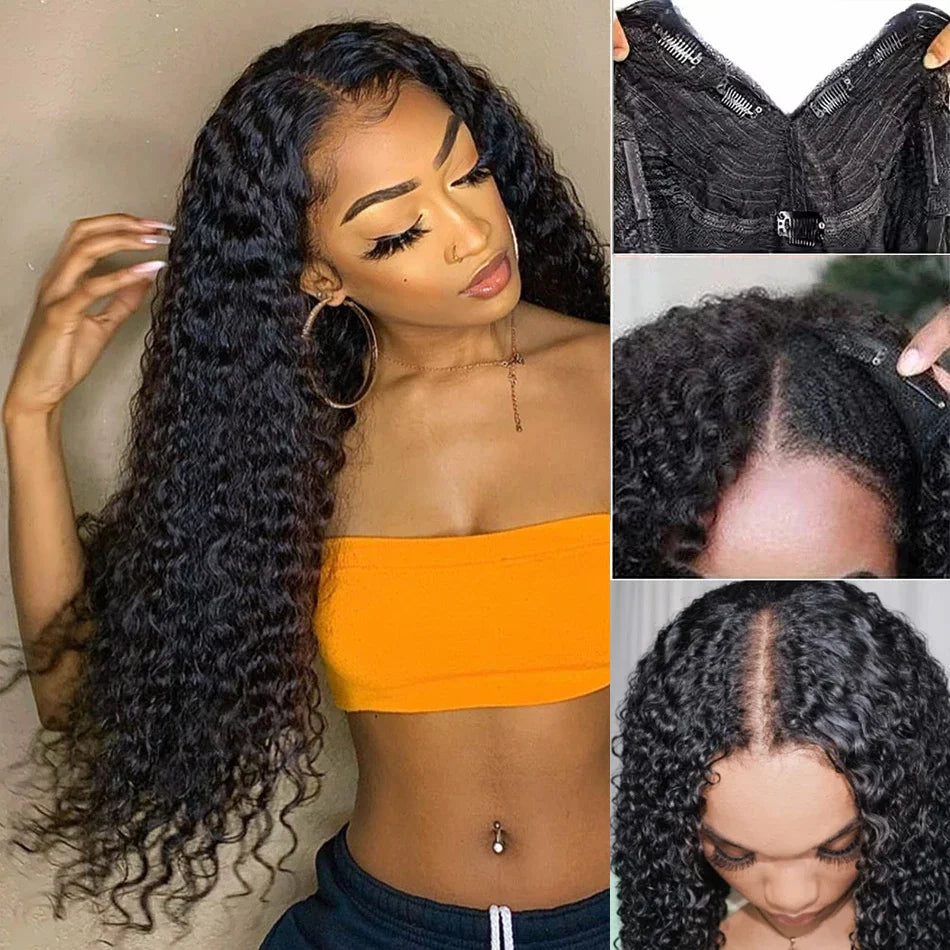 250% V Part Wig Human Hair No Leave Out Upgrade U Part Machine Made Deep Wave Curly Human Hair Wigs For Women 100% High Density