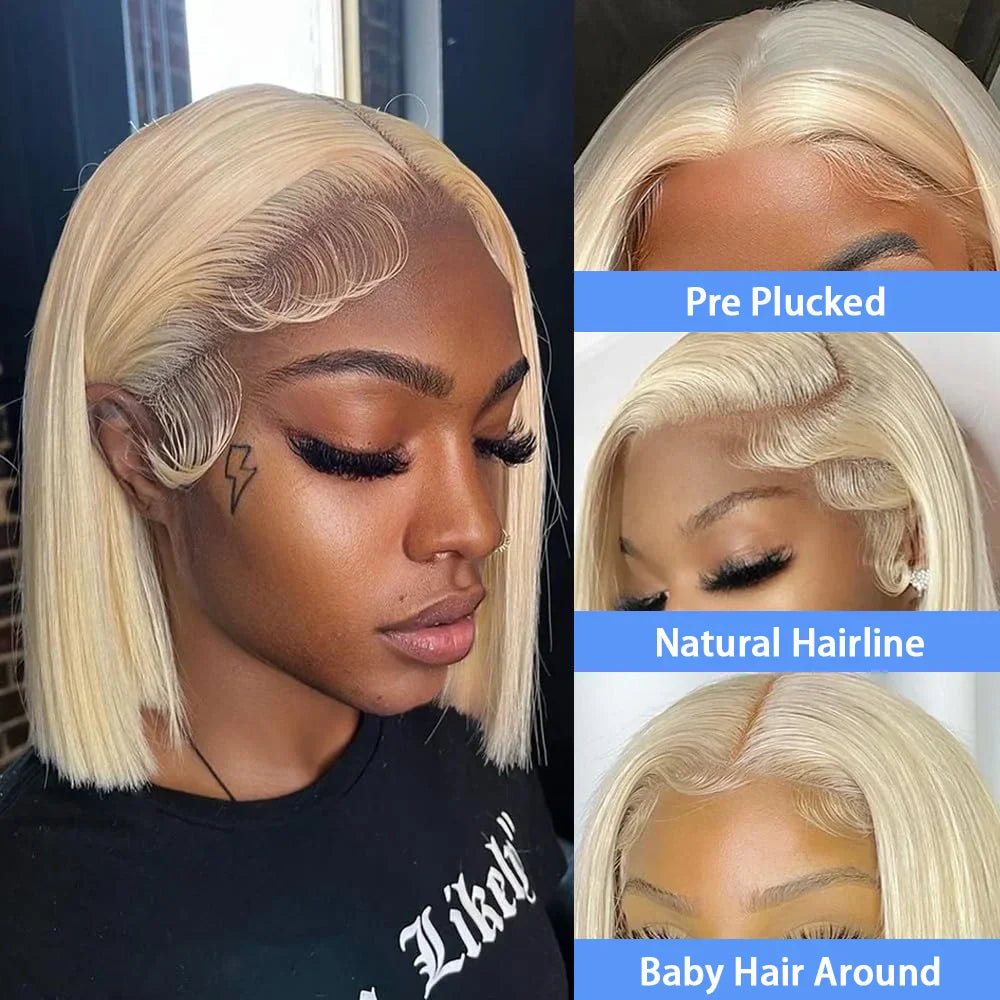 220% Density 613 Honey Blonde Straight Short Bob Wig Brazilian Hair 13x4 Lace Front Human Hair Wig Pre Plucked with Baby Hair