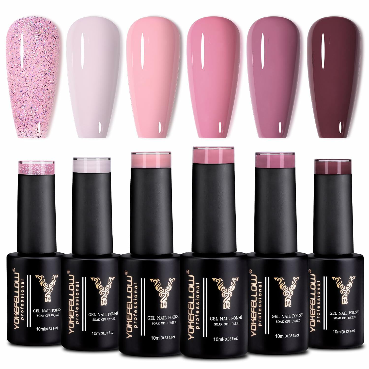 YOKE FELLOW Gel Nail Polish Set 6 Pcs 10ML Nude Pink Glitter Gel Polish