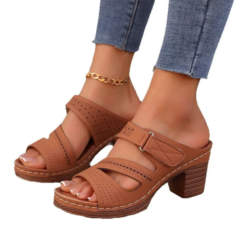 Tan Leather Summer Casual Chunky Heel Sandals